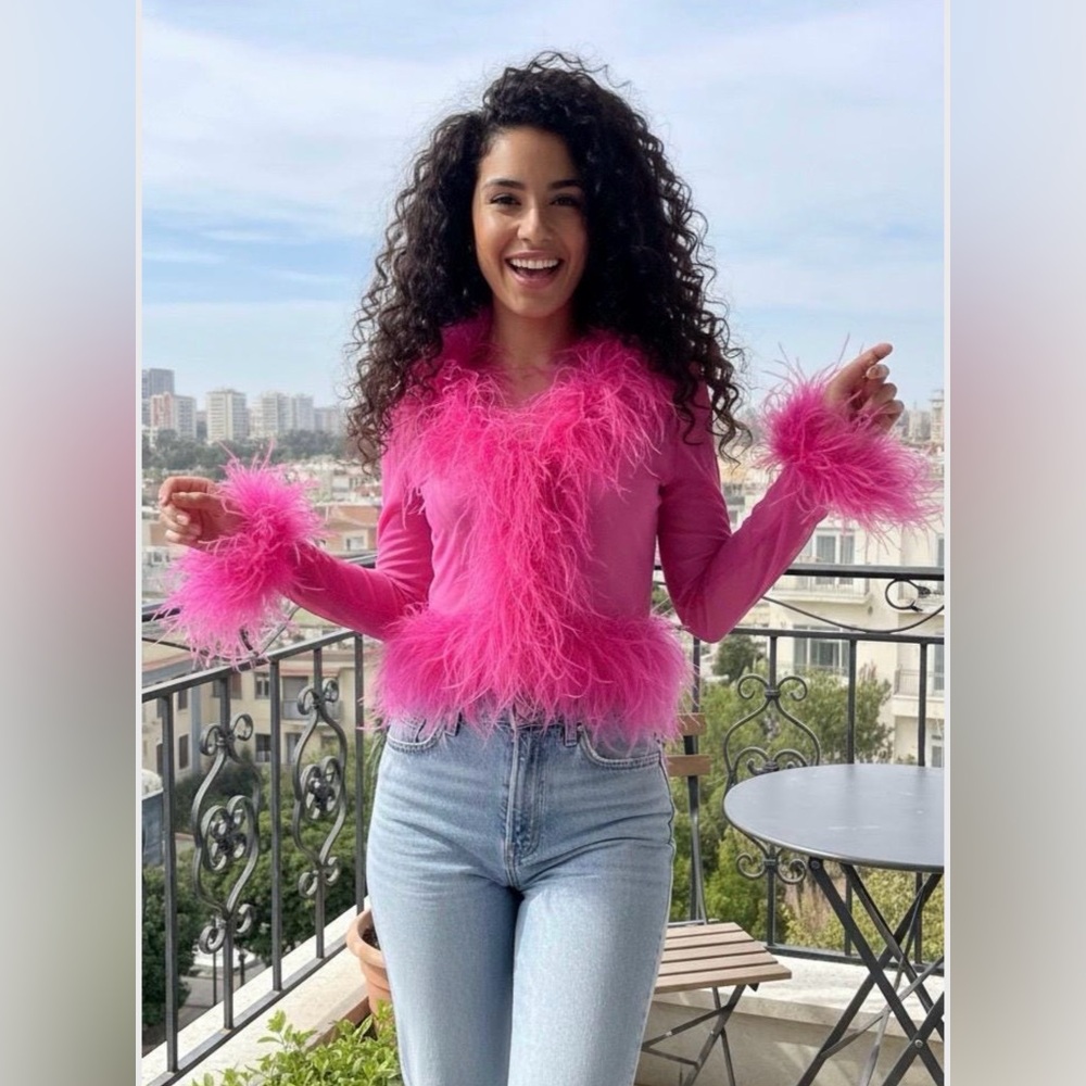 Hot Pink Mesh Feather Trim Cardigan Bolero Top - NWT